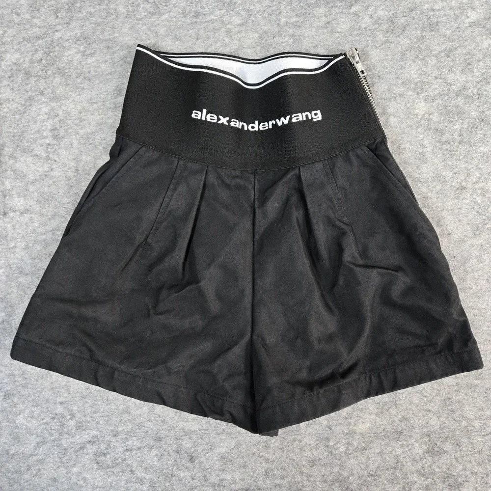 Alexander‎ Wang Black Logo Waistband Pleated Shorts Womens 0
